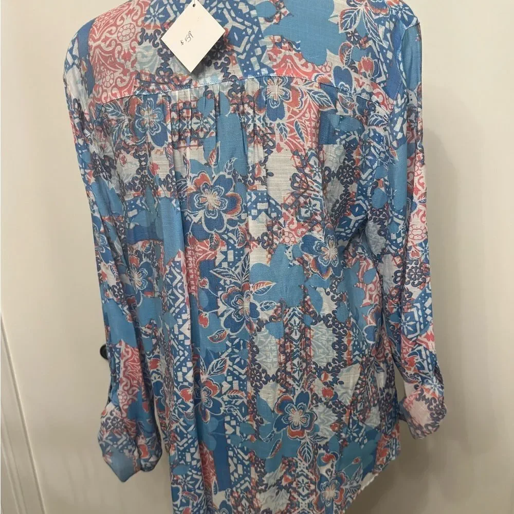 Ruby Rd. Floral Print Women's Top - Blue and Orange‎ - Picture 5 of 6
